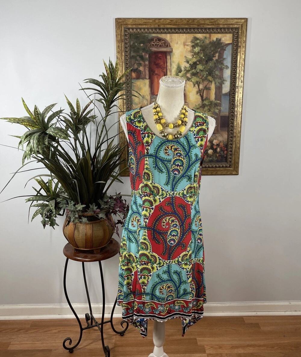 Reborn Paisley Handkerchief Hem Dress L Turquoise Red Sleeveless Boho Stretch